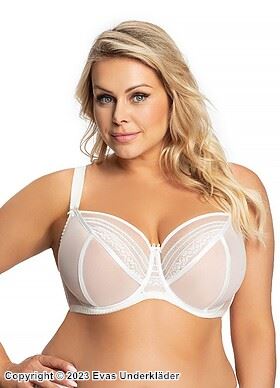 Big cup bra, sheer mesh, lace inlays, D to M-cup